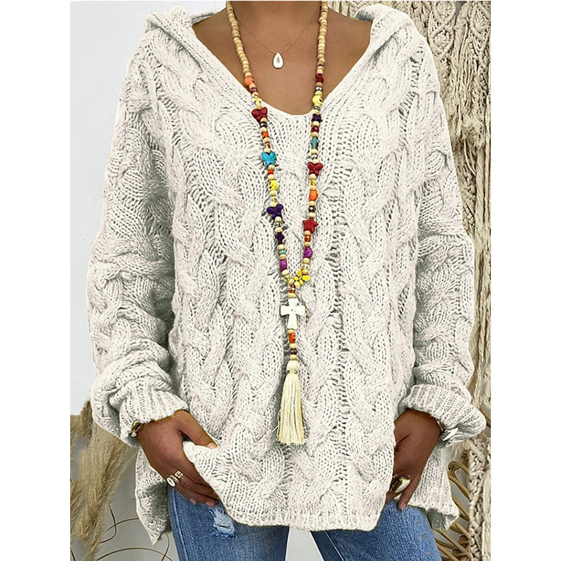 Damen Hoody aus Grobstrick mit V-Ausschnitt und dekorativem Kordelzug Heidi-Mode