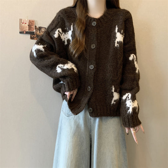 Damen Gemusterter Strickcardigan mit tierischem Motiv und bequemen Oversized-Schnitten Heidi-Mode
