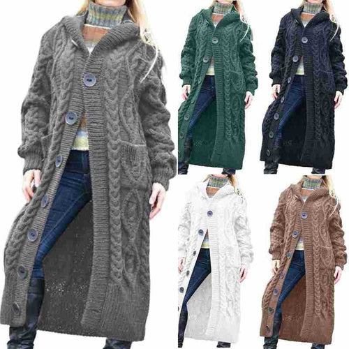 Damen Langer Strickmantel mit Kapuze und klassischem Zopfdesign Heidi-Mode