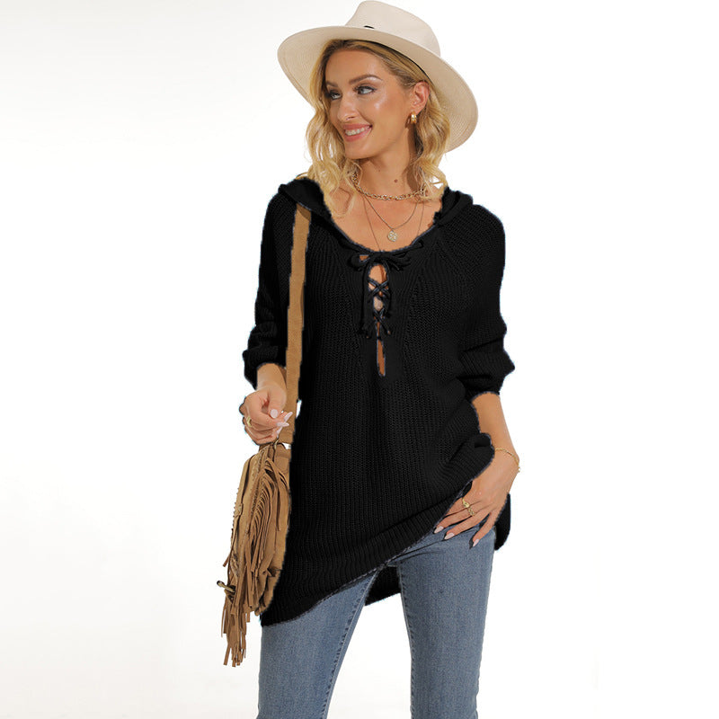 Damen lässiger Strickpullover mit einzigartigem Schnürdesign und lockerer Passform Heidi-Mode