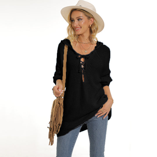 Damen lässiger Strickpullover mit einzigartigem Schnürdesign und lockerer Passform Heidi-Mode