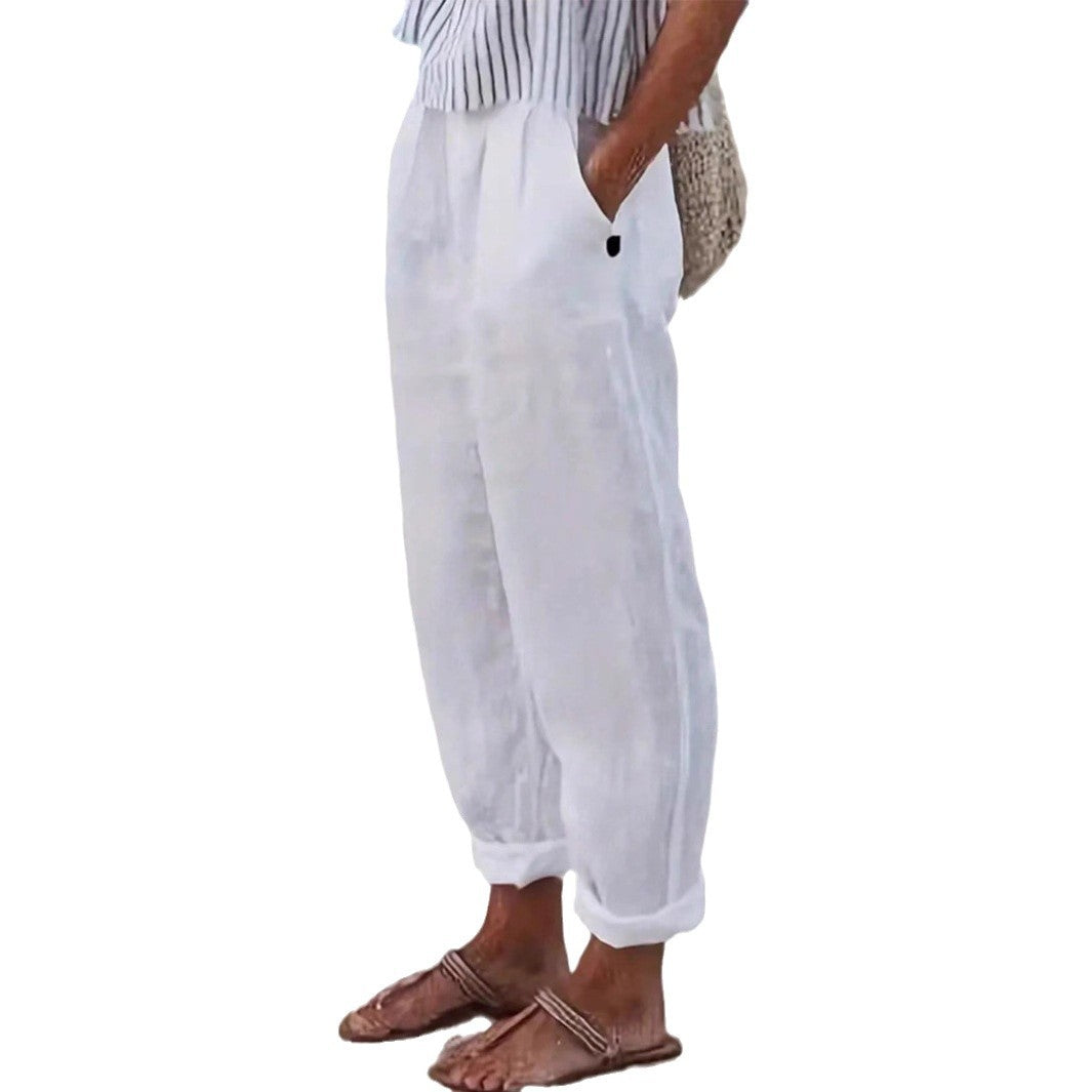 Damen Leichte und luftige Leinenhose mit elastischem Hüftbund und Seitentaschen Heidi-Mode