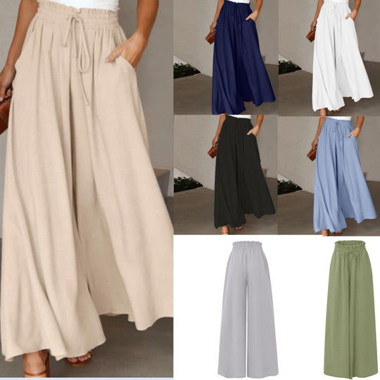 Damen Weite Leinenhose mit Gummizug und Seitentaschen Heidi-Mode