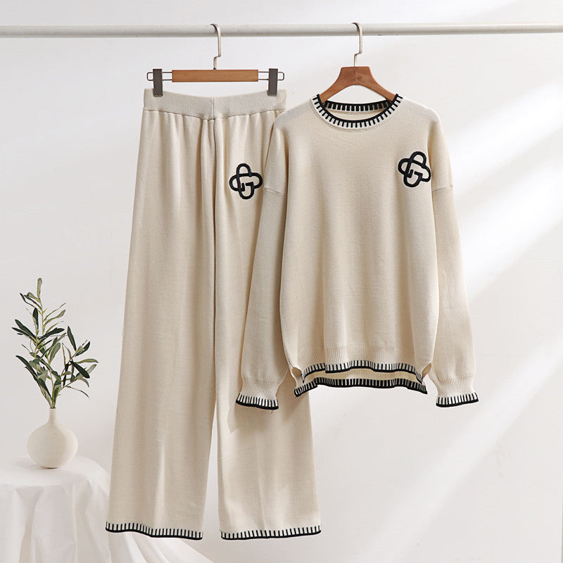 Damen lässiges Strick-Loungewear-Set mit dekorativen Kontrastdetails Heidi-Mode