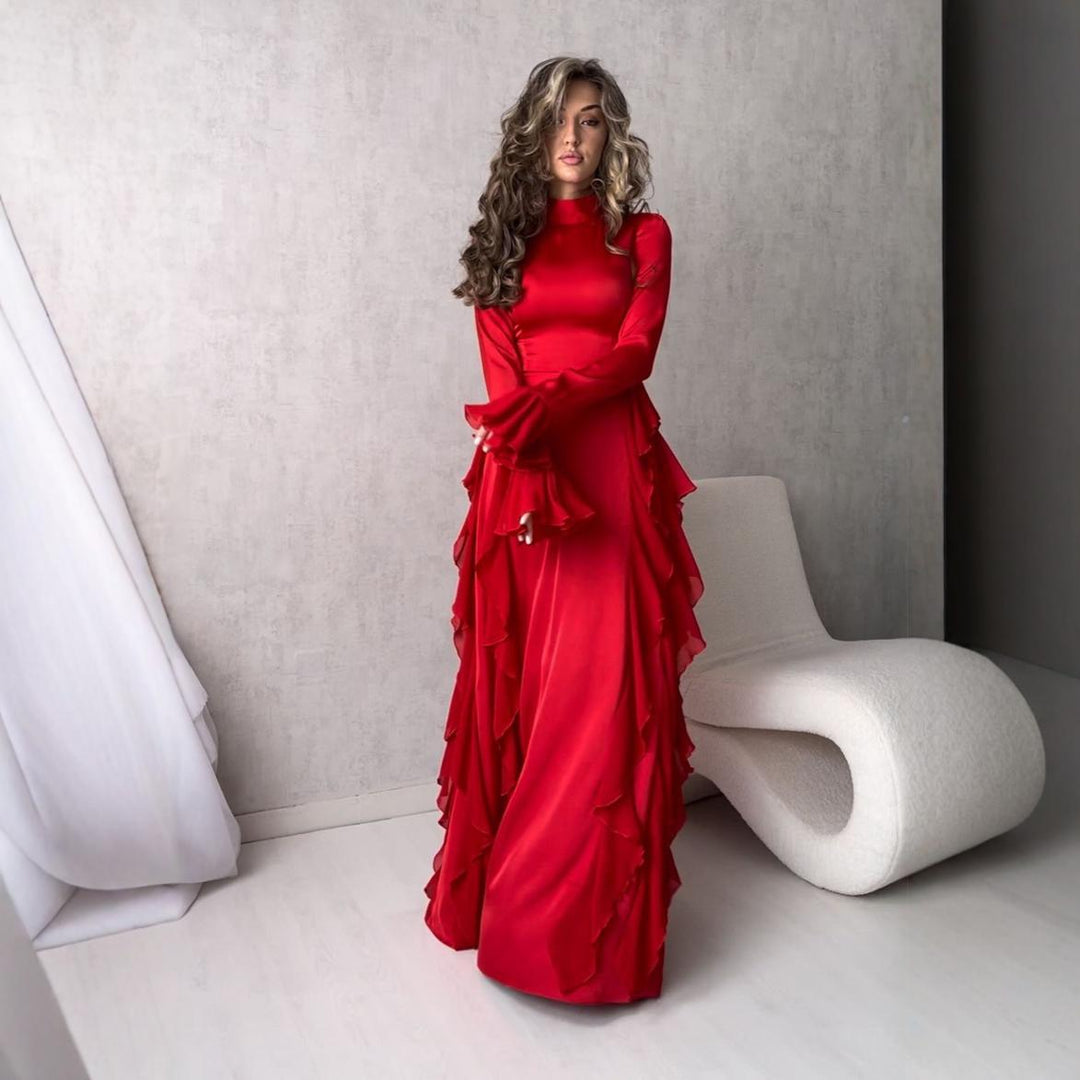 Damen Maxikleid im eleganten Rüschendesign mit Langarm Heidi-Mode