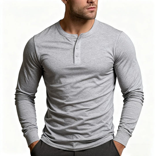 Herren Langarm-Henley-Shirt mit klassischem Knopfdetail und körpernaher Passform Heidi-Mode