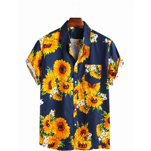 Herren Kurzarmhemd mit farbenfrohem Sonnenblumenmuster und leichtem Baumwollstoff Heidi-Mode