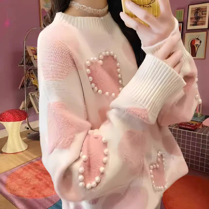 Damen Gemusterter Strickpullover mit Herz-Applikationen und Rippkragen Heidi-Mode