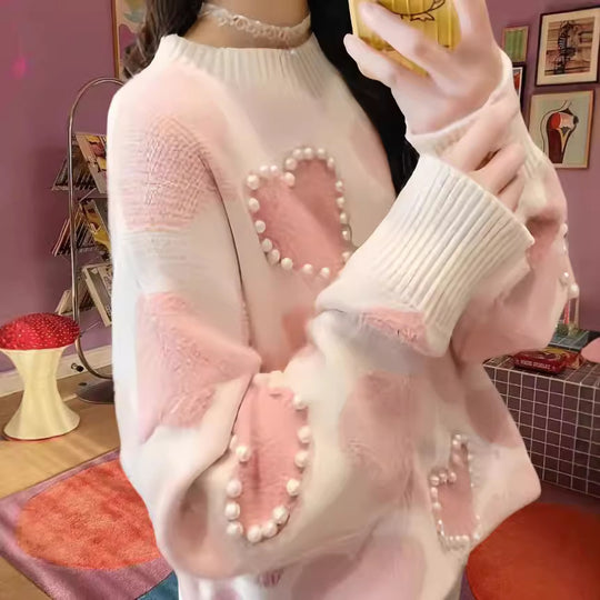 Damen Gemusterter Strickpullover mit Herz-Applikationen und Rippkragen Heidi-Mode