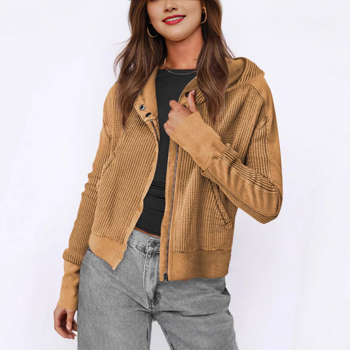 Damen lässige Zip-Jacke mit Kapuze und strukturiertem Design Heidi-Mode