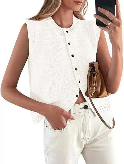 Damen lässige Strickweste mit Knopfleiste und Rundhalsausschnitt Heidi-Mode