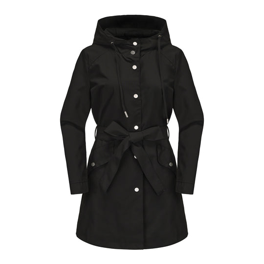 Damen wasserfeste Übergangsjacke mit verstellbarem Kapuzenkragen und Taillengürtel Heidi-Mode
