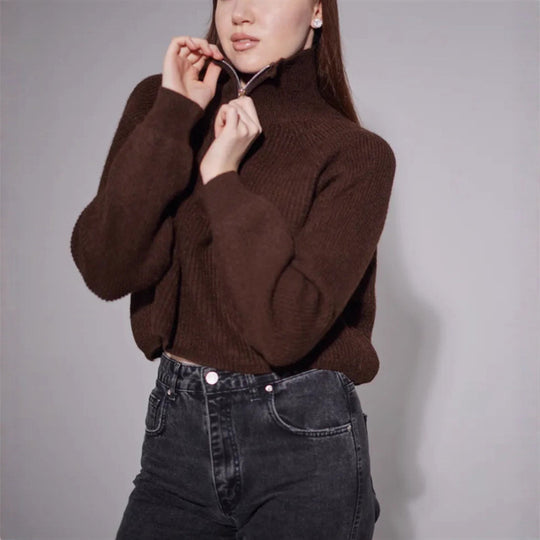 Damen Pullover mit hohem Kragen und Zip Heidi-Mode
