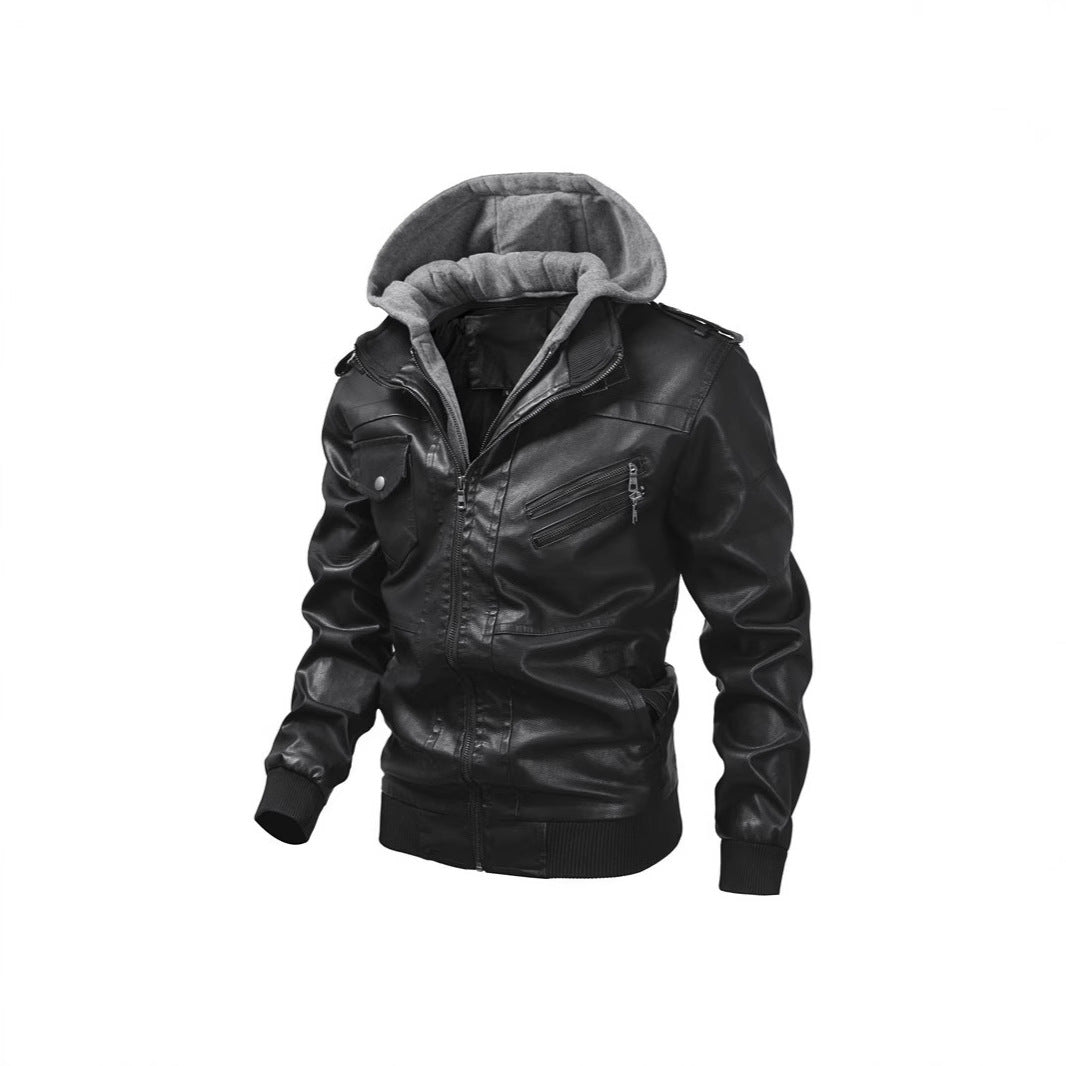 Herren Kunstlederjacke mit abnehmbarer Kapuze und Multifunktions-Taschen Heidi-Mode