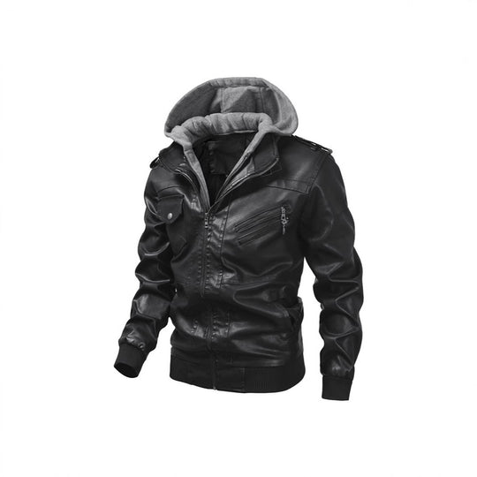 Herren Kunstlederjacke mit abnehmbarer Kapuze und Multifunktions-Taschen Heidi-Mode