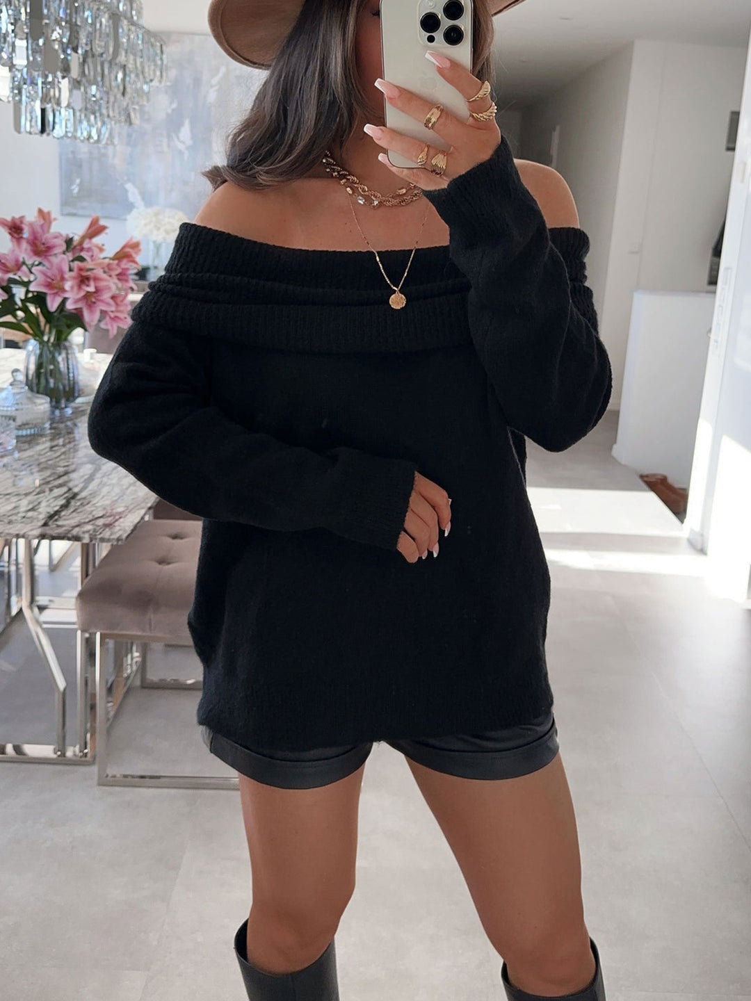 Damen lässiger Off-Shoulder Pullover mit Rippenstruktur Heidi-Mode