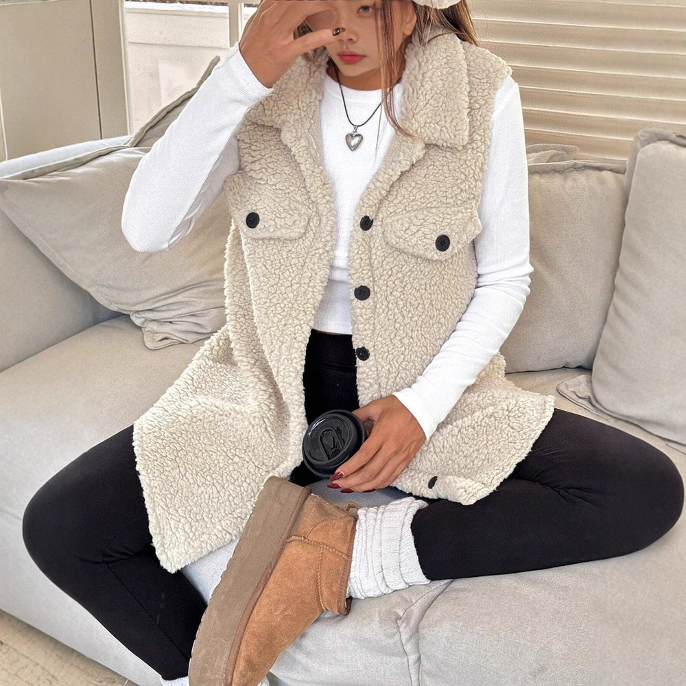 Damen Weiche Weste aus Teddystoff mit praktischen Taschen Heidi-Mode