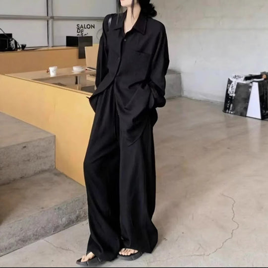 Damen Oversized Hemdblusenset mit weiten Hosen Heidi-Mode