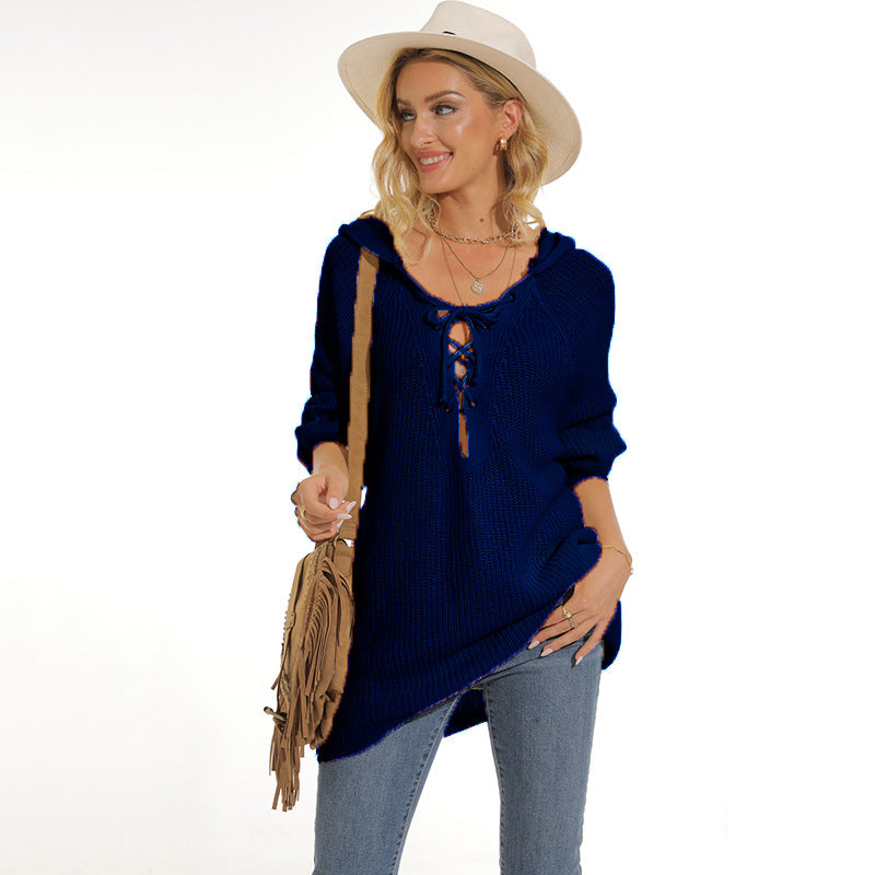 Damen lässiger Strickpullover mit einzigartigem Schnürdesign und lockerer Passform Heidi-Mode
