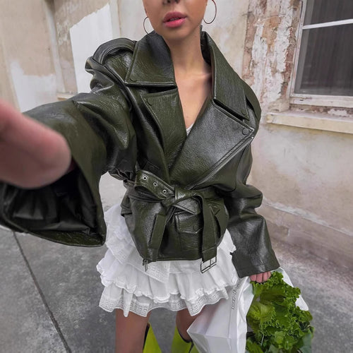 Damen Oversized Kunstlederjacke mit asymmetrischem Reißverschluss Heidi-Mode