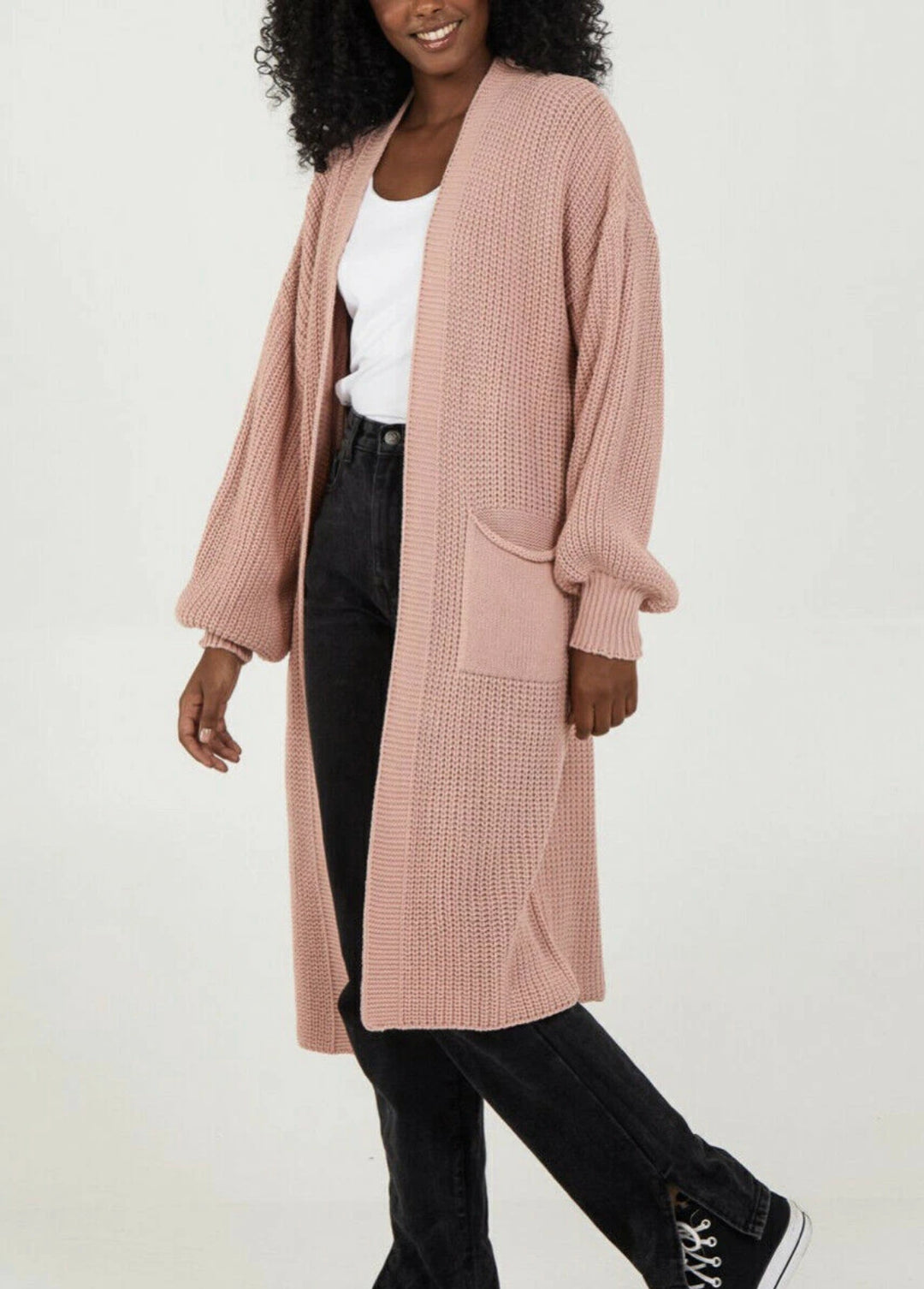 Damen Langer Strickcardigan mit voluminösen Ärmeln und offenem Schnitt Heidi-Mode
