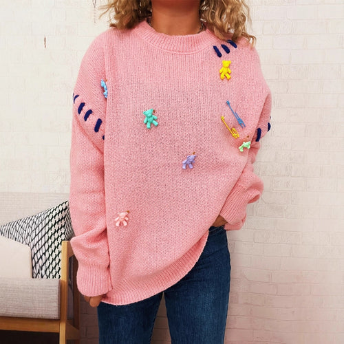 Damen Pullover mit verspieltem Bären-Motiv und dekorativen Applikationen Heidi-Mode