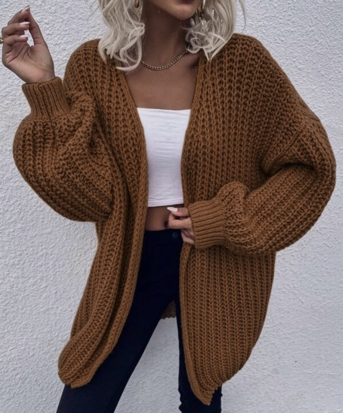 Damen lässiger Grobstrick-Cardigan mit tiefen Taschen und voluminösen Ärmeln Heidi-Mode