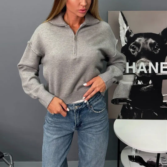 Damen modischer Sweater mit halbem Reißverschluss und weiten Ärmeln Heidi-Mode