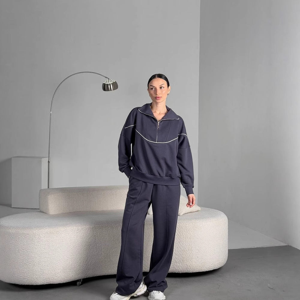 Damen lässiger Freizeitanzug mit modernem Reißverschluss und weiten Hosen Heidi-Mode