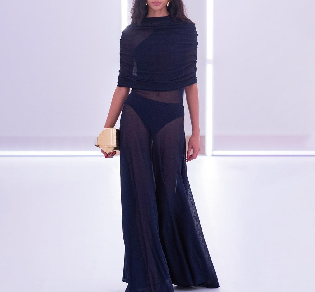 Damen Transparente Maxi-Kleid mit Drapierung Heidi-Mode