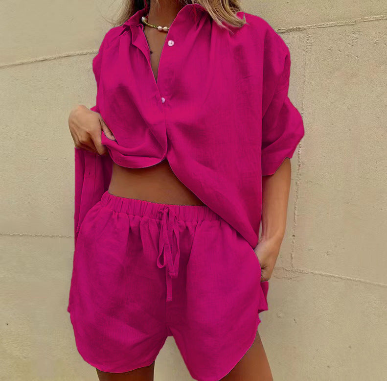 Damen lässiges Leinen-Set mit oversized Hemd und kurzen Hosen Heidi-Mode