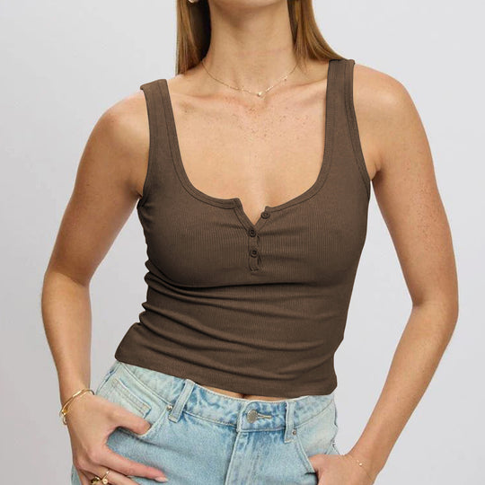 Damen körperbetontes Ripp-Top mit Knopfleiste und weitem Ausschnitt Heidi-Mode