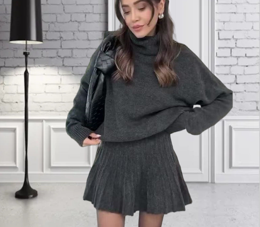 Damen Oversized Strickpullover mit hochwertiger Rippstruktur und passendem Minirock Heidi-Mode