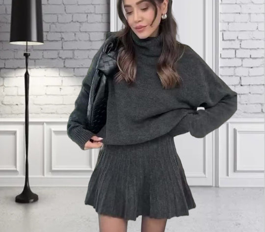 Damen Oversized Strickpullover mit hochwertiger Rippstruktur und passendem Minirock Heidi-Mode
