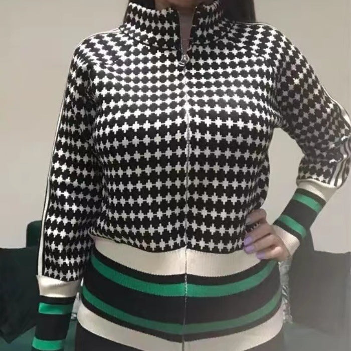 Damen Sportlicher Strickpullover mit Stehkragen und grafischem Muster Heidi-Mode