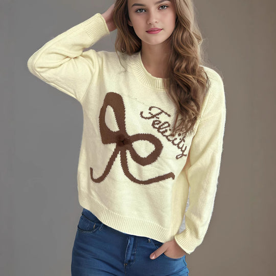 Damen kuscheliger Pullover mit verspielt gestalteter Schleifenapplikation Heidi-Mode