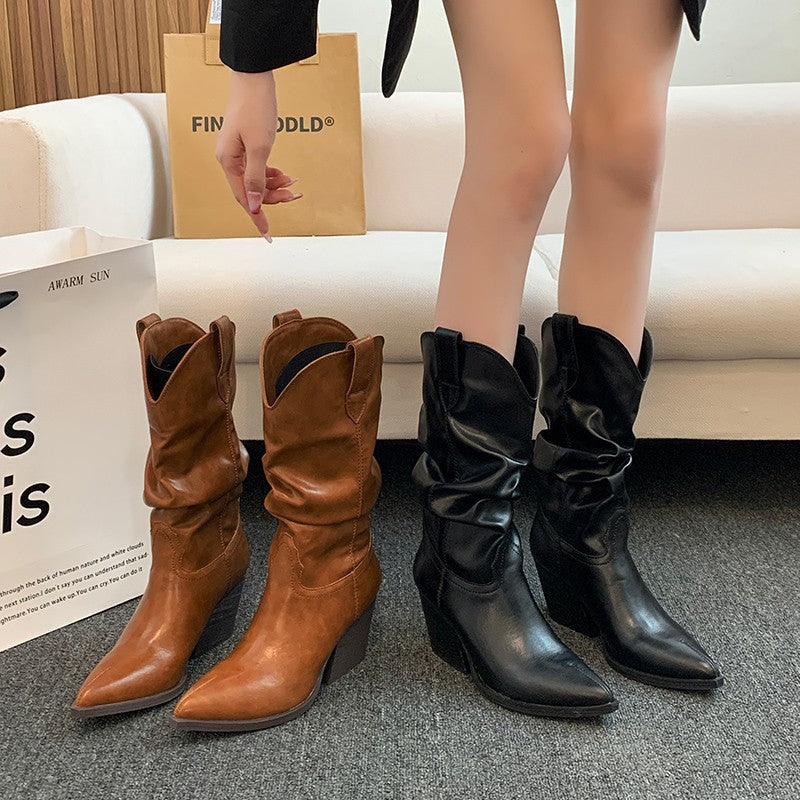 Damen Western-Stiefel mit eleganter Raffung und Absatz Heidi-Mode