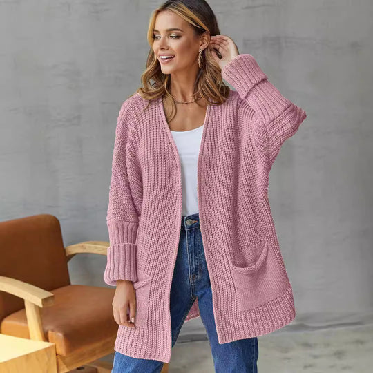 Damen Lange Strickjacke mit lockerer Passform und praktischen Taschen Heidi-Mode