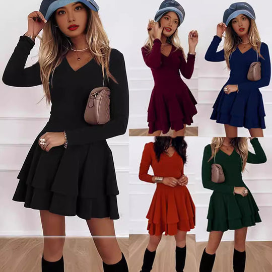 Damen V-Ausschnitt Kleid mit voluminösem Stufenrock Heidi-Mode