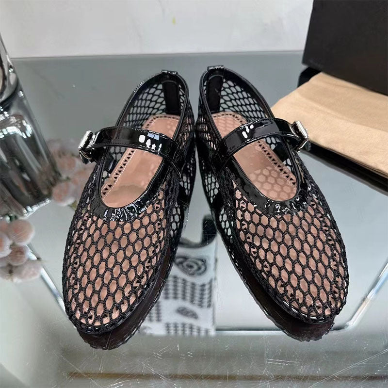 Femme Elegante Mesh Ballerina Flats mit dekorativem Riemen Heidi-Mode