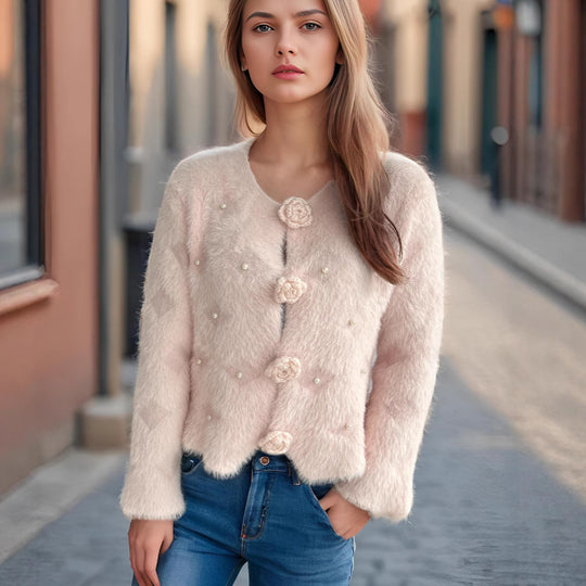 Damen Strickjacke mit floralen Applikationen und perlverzierter Detail Heidi-Mode