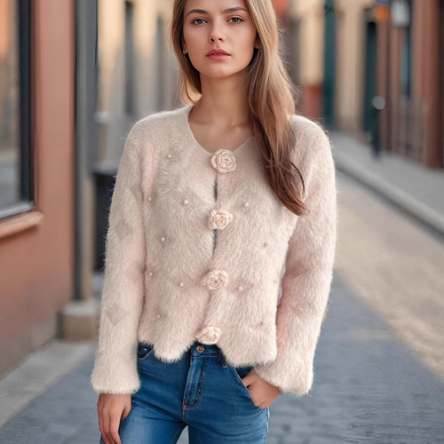 Damen Strickjacke mit floralen Applikationen und perlverzierter Detail Heidi-Mode