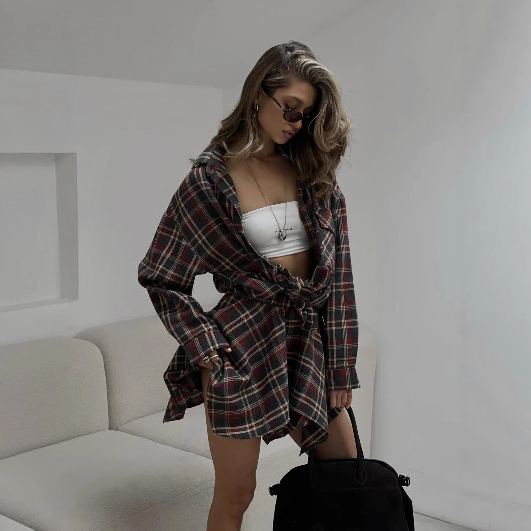 Damen lässiges Karo-Hemdkleid mit asymmetrischem Schnitt Heidi-Mode