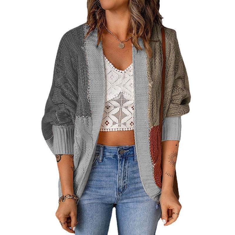 Damen lässige Strickjacke mit buntem Patchwork-Design und weitem Schnitt Heidi-Mode