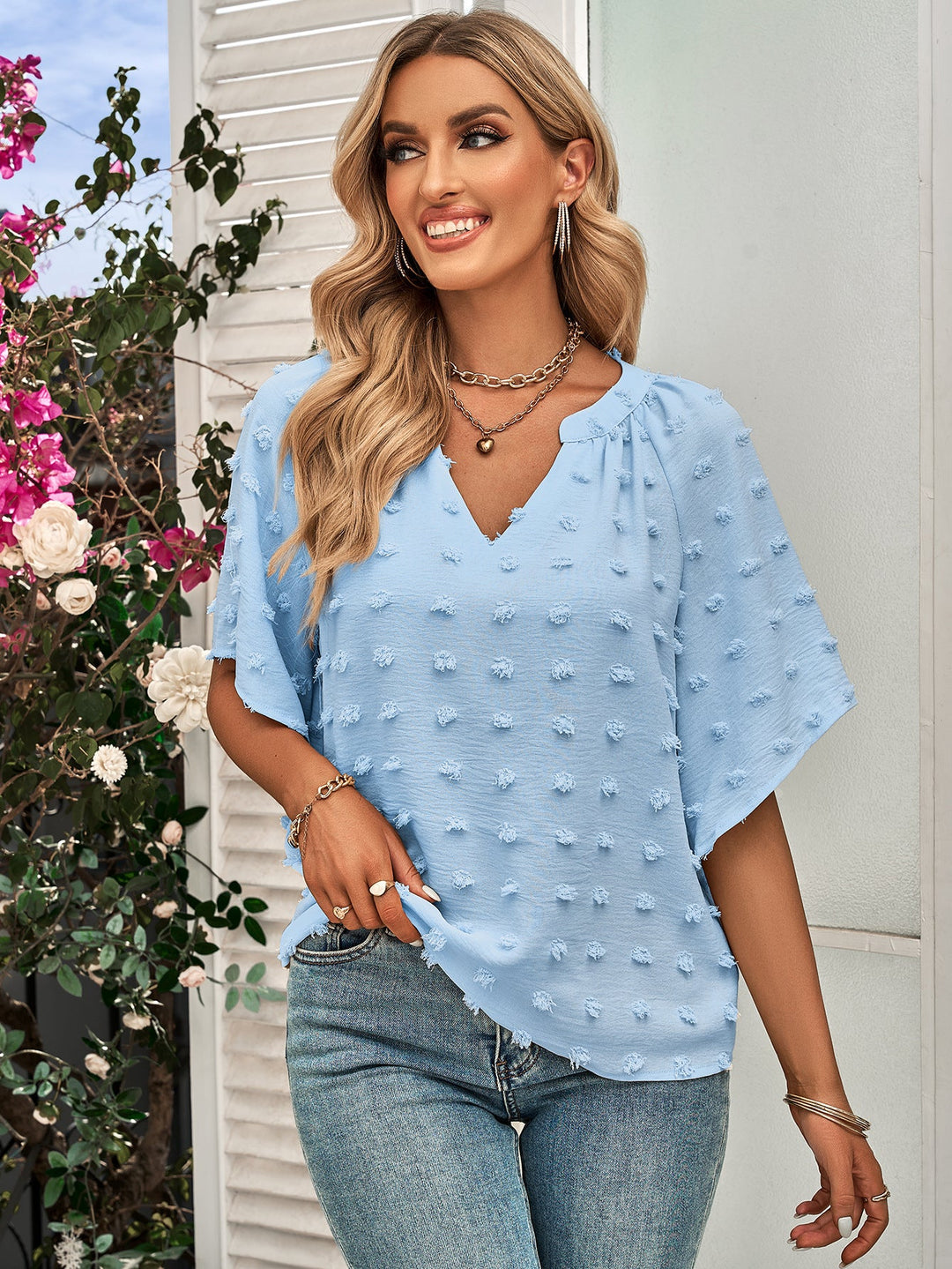 Heidi-Mode | Damen Mock Neck Lose Kurzarm Puffball Bluse