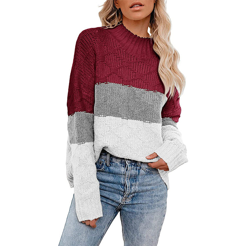 Damen farbenfroher Strickpullover mit strukturiertem Muster und hohem Kragen Heidi-Mode