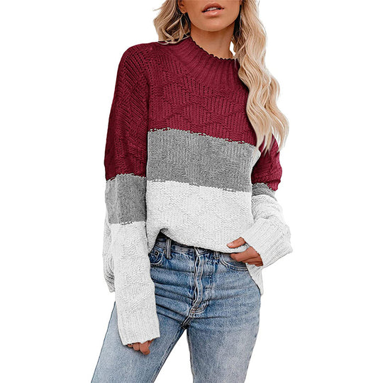 Damen farbenfroher Strickpullover mit strukturiertem Muster und hohem Kragen Heidi-Mode