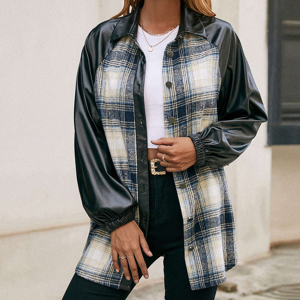 Damen modische Karomuster Jacke mit Lederärmeln Heidi-Mode