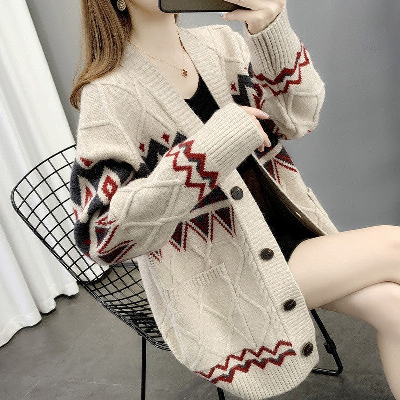 Damen Grobstrick-Cardigan mit modernem Muster und praktischen Taschen Heidi-Mode