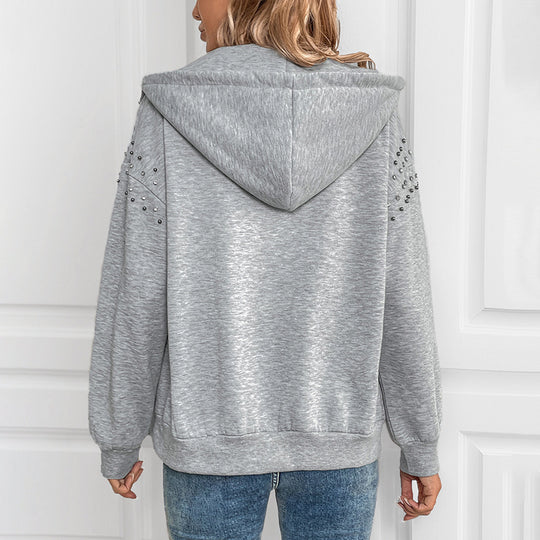 Damen modischer Kapuzenpullover mit Applikationen und Reißverschluss Heidi-Mode